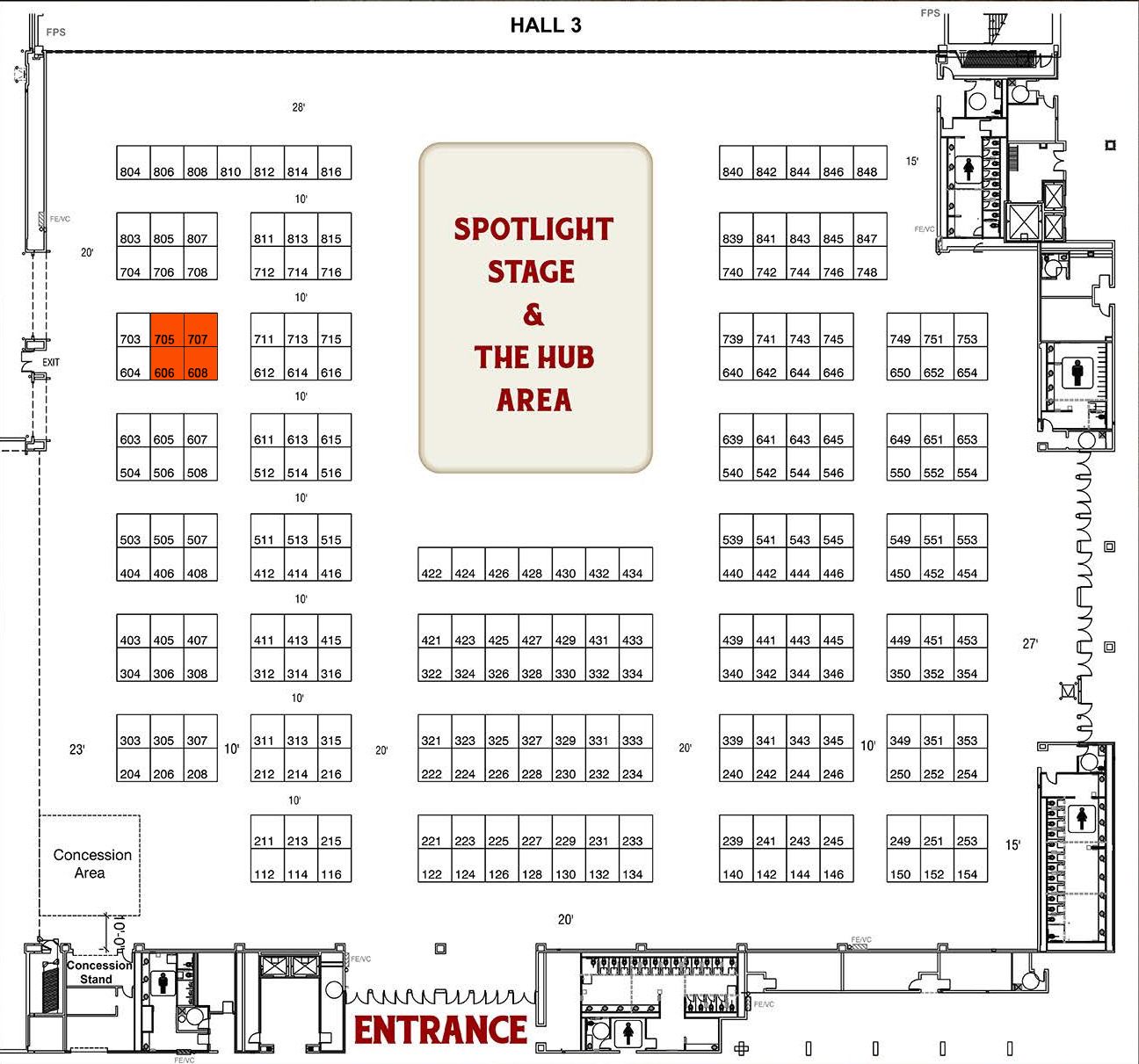 A floor plan of Defense Manufacturing Conference 2024. Aerobotix's booth 606 is marked in red-orange.