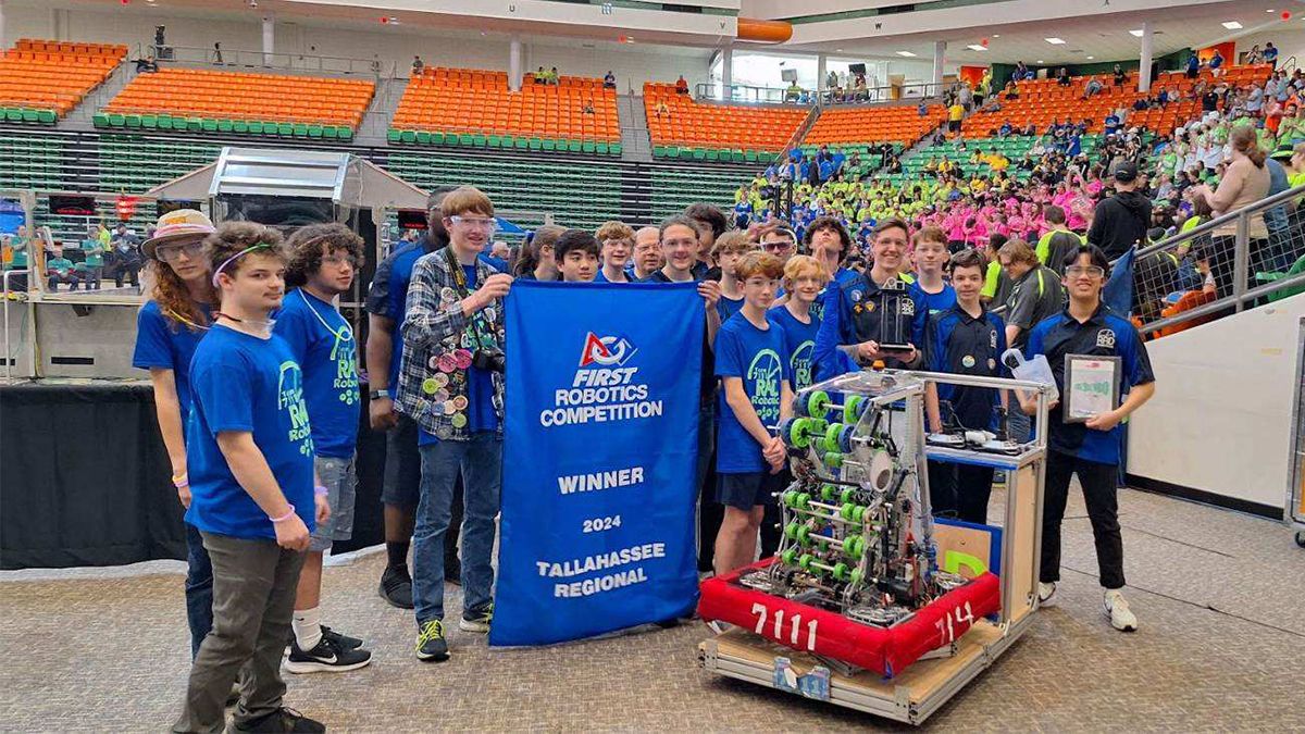 RAD robotics, or Team 7111, of the First Robotics Competition pose after winning the 2024 Tallahassee Regional competition.