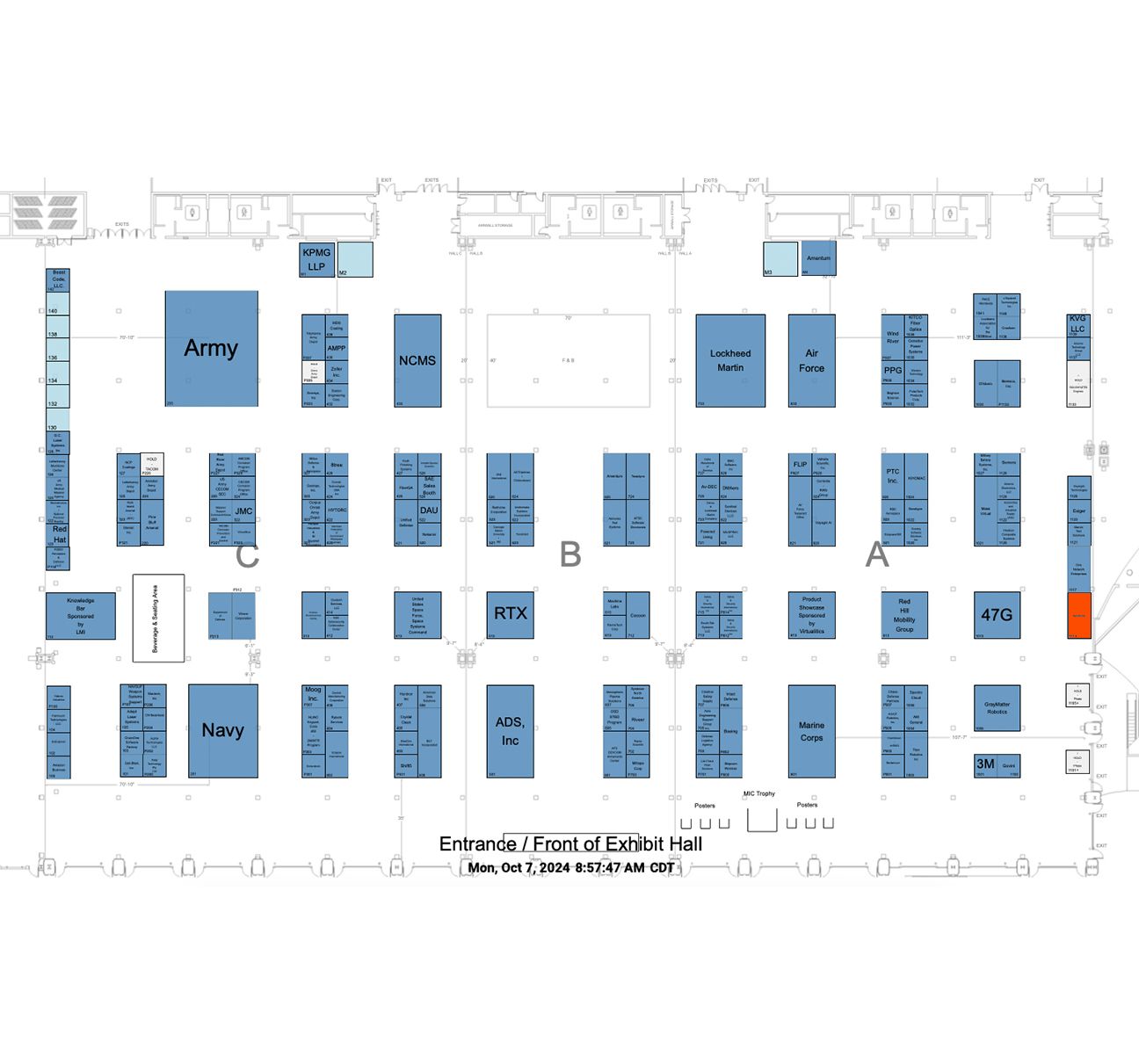 The floor plan of the 2024 Defense Maintenance and Logistics Exhibition. Aerobotix's booth 1113 is marked in red-orange.